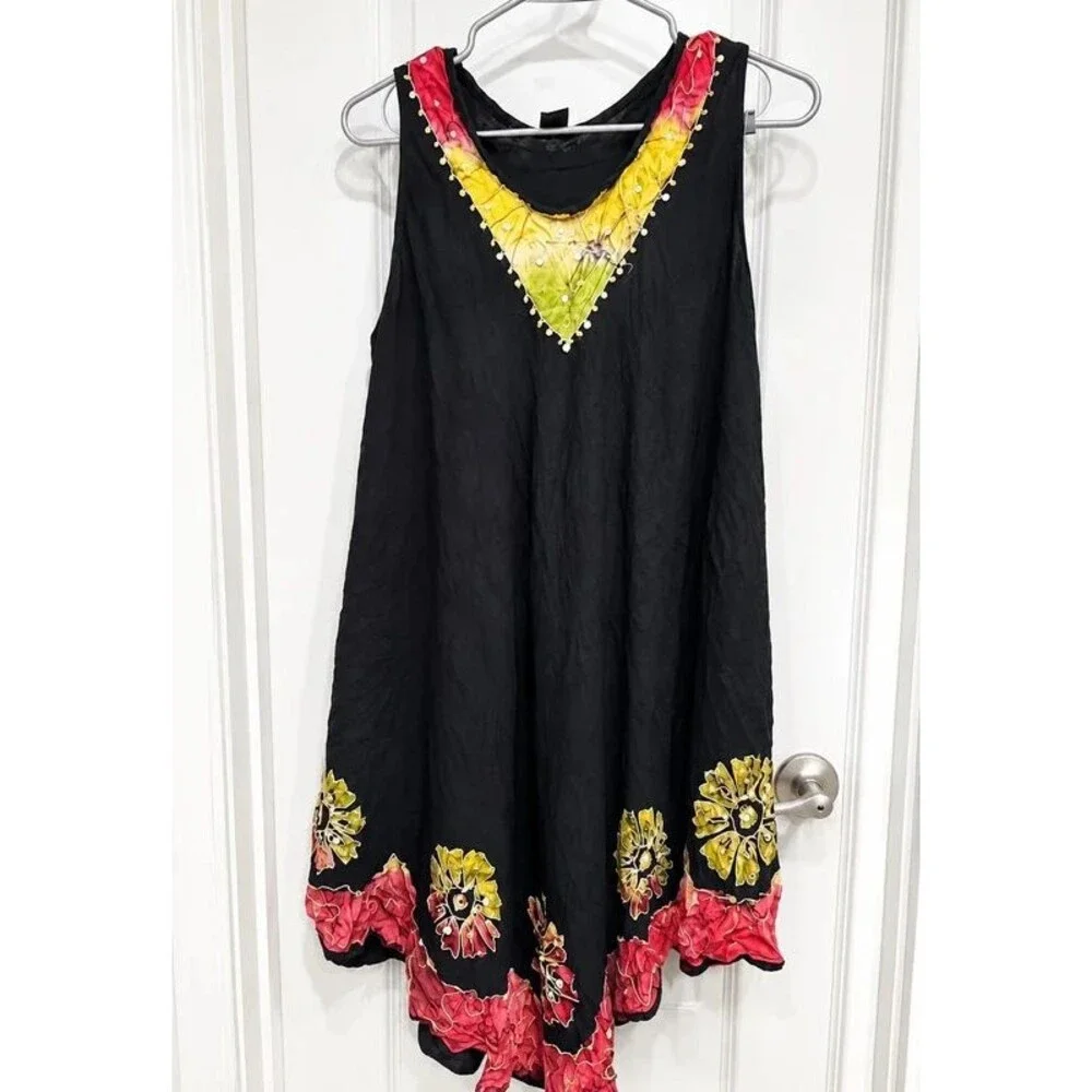 RS Riviera Sun Black Embroidered Beaded Crinkle Sundress - Size Large